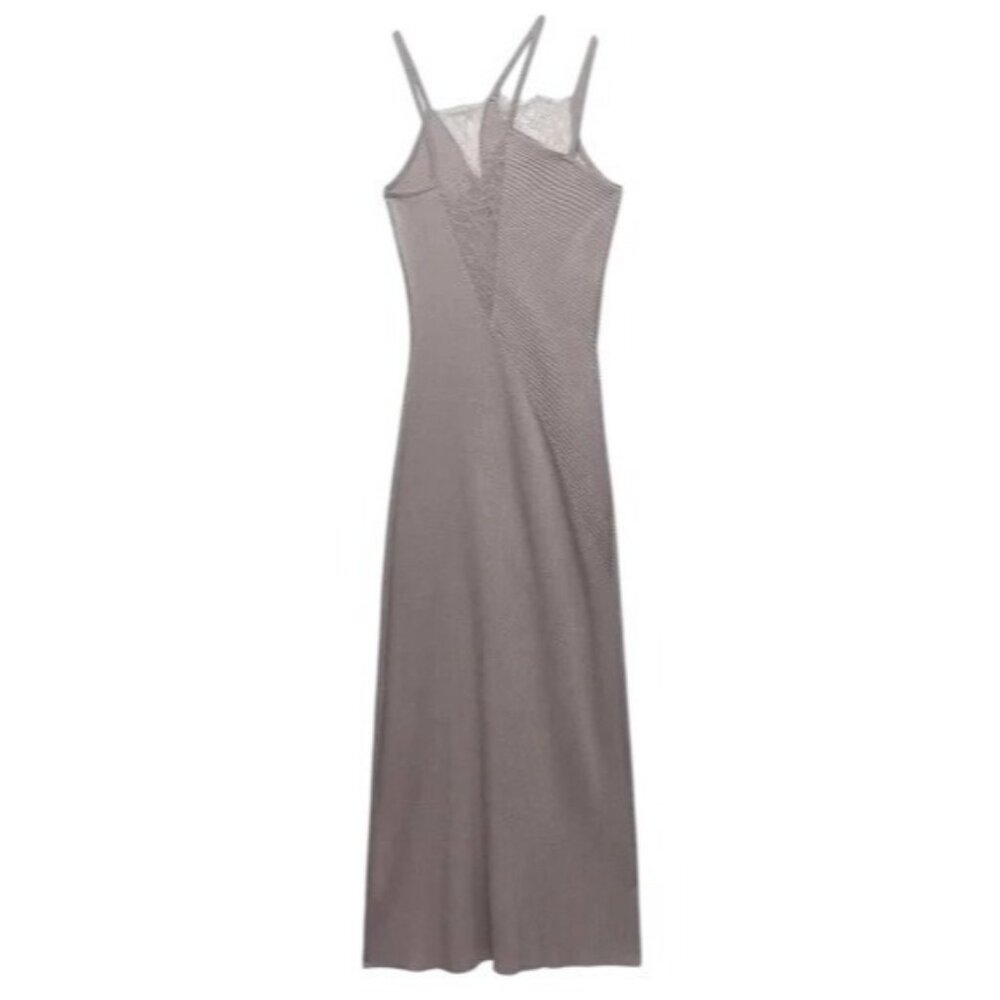 NWT‎ Zara Combination Knit Slip Dress Dusty Mauve Ribbed Midi  M NWT